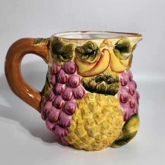 Vintage Ceramic Pitcher With Embossed Fruits Grapes Pineapple Apple Design - Picture 3 of 12
